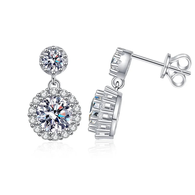 Colored Round Halo Moissanite Drop Earrings in Silver — Front and side views