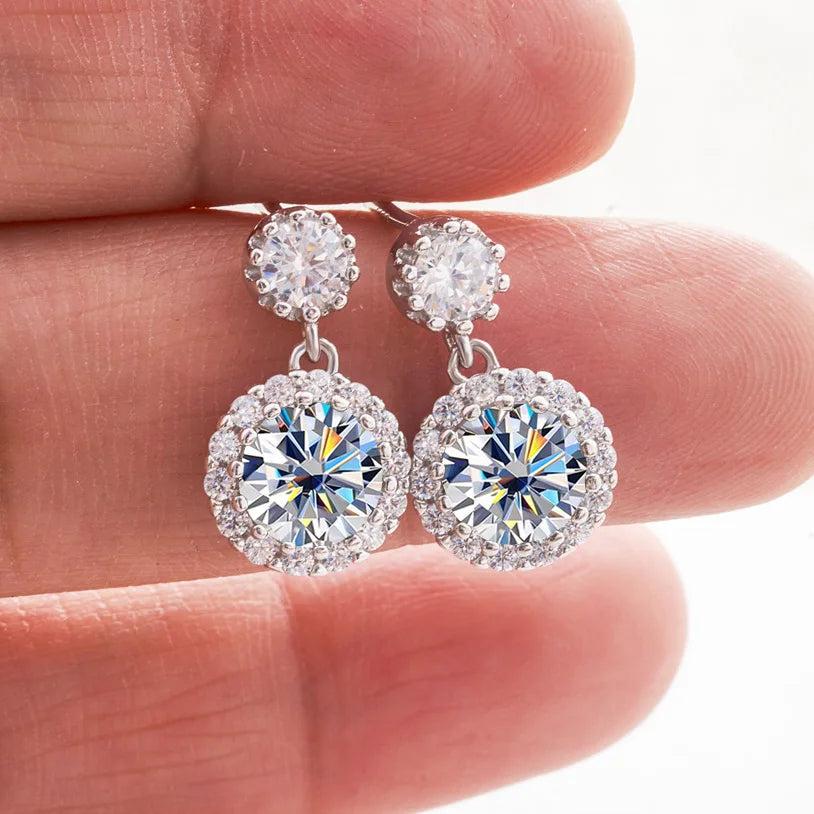 Colored Round Halo Moissanite Drop Earrings in Silver — White pair on hand
