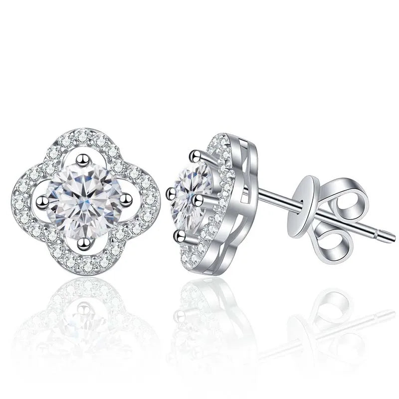 Colored Clover Halo Moissanite Stud Earrings in Sterling Silver — White