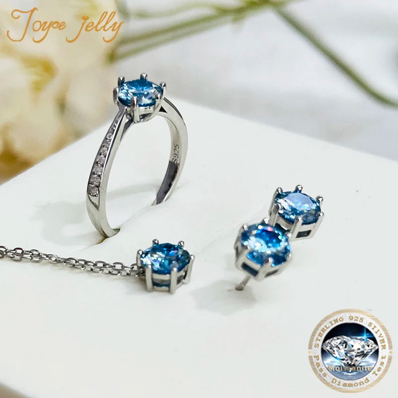 Colored Moissanite Necklace, Stud Earrings & Pavé Ring Set — Blue ring detail