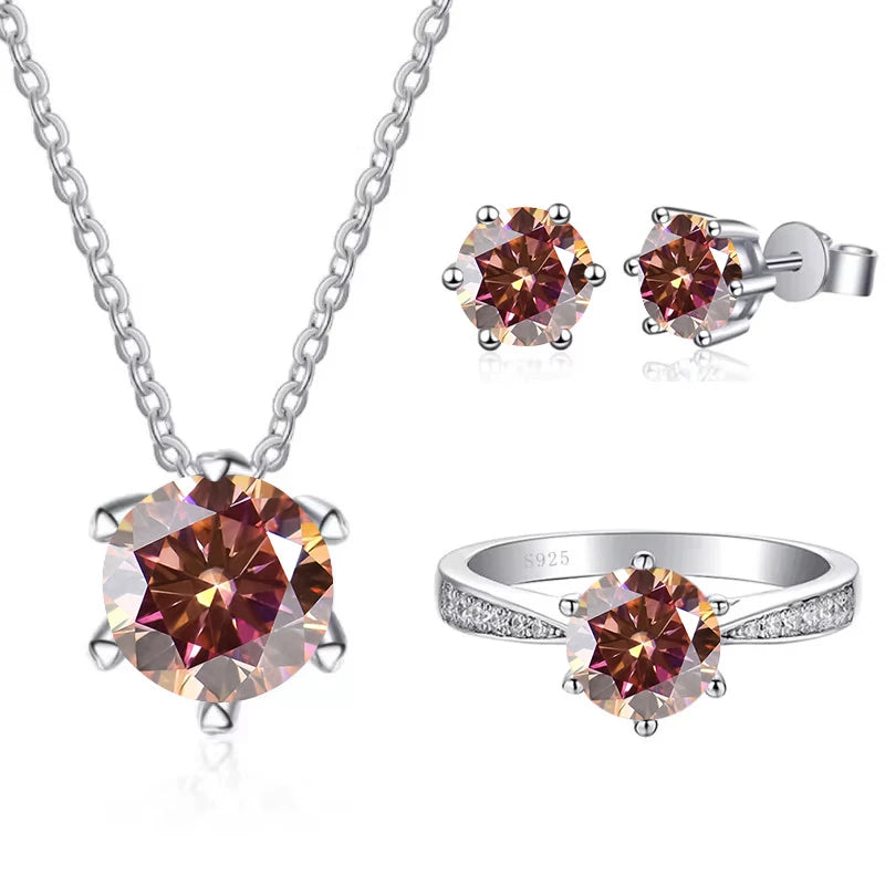 Colored Moissanite Necklace, Stud Earrings & Pavé Ring Set — Orange red set