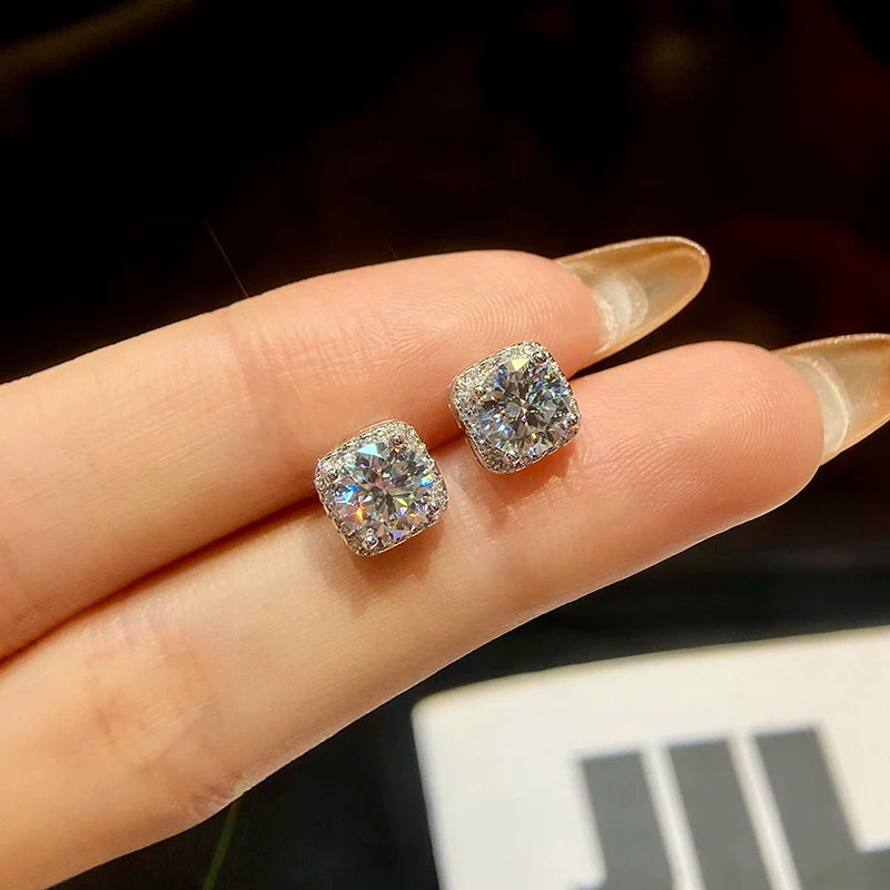 Round Moissanite Square Halo Stud Earrings in Silver — Silver studs on hand