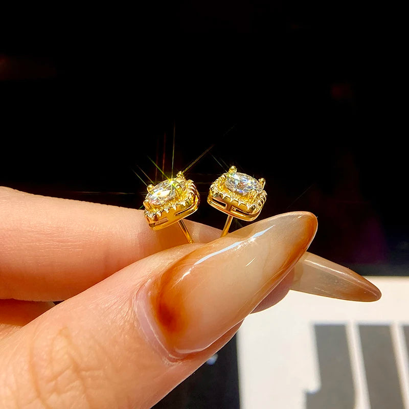 Round Moissanite Square Halo Stud Earrings in Silver — Gold-tone basket side view