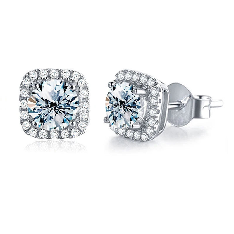 Round Moissanite Square Halo Stud Earrings in Silver — Silver pair with push backs