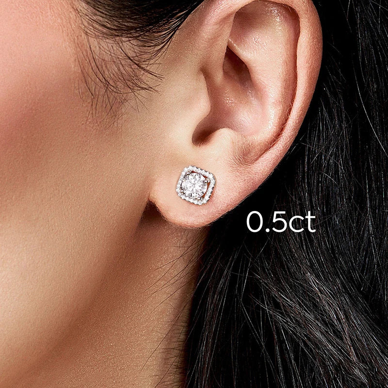Round Moissanite Square Halo Stud Earrings in Silver — Stud worn on ear