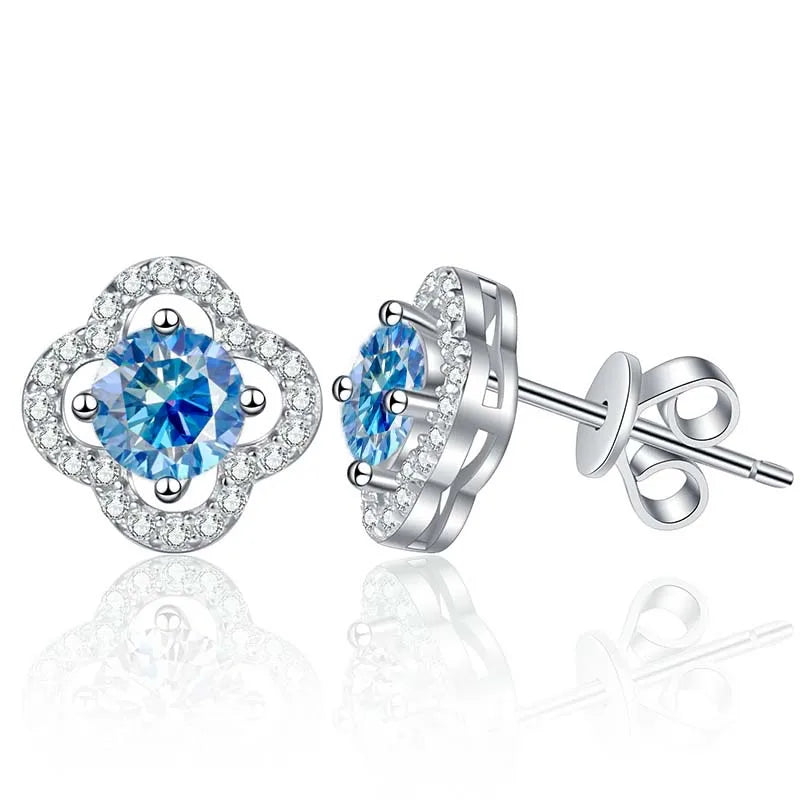 Colored Clover Halo Moissanite Stud Earrings in Sterling Silver — Royal blue