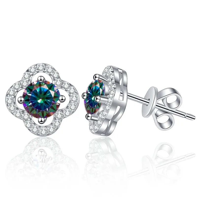Colored Clover Halo Moissanite Stud Earrings in Sterling Silver — Multicolor green