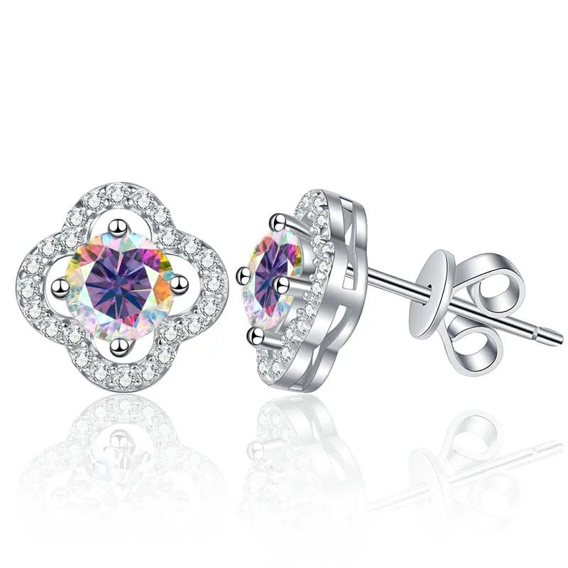 Colored Clover Halo Moissanite Stud Earrings in Sterling Silver — Multicolor AB
