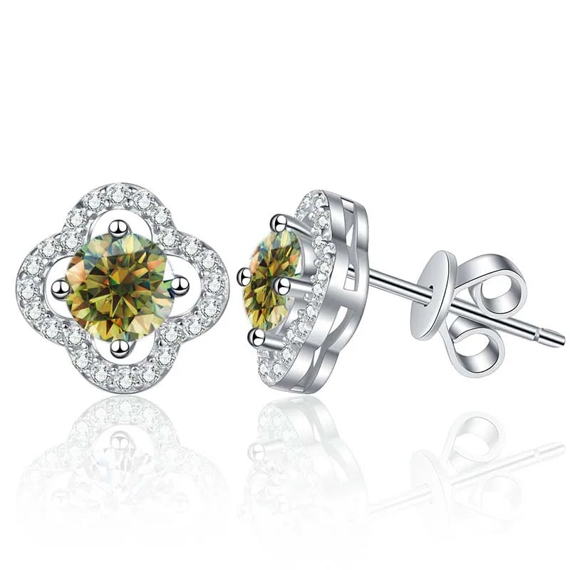 Colored Clover Halo Moissanite Stud Earrings in Sterling Silver — Yellow green