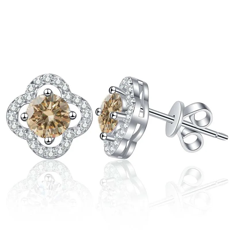 Colored Clover Halo Moissanite Stud Earrings in Sterling Silver — Light yellow