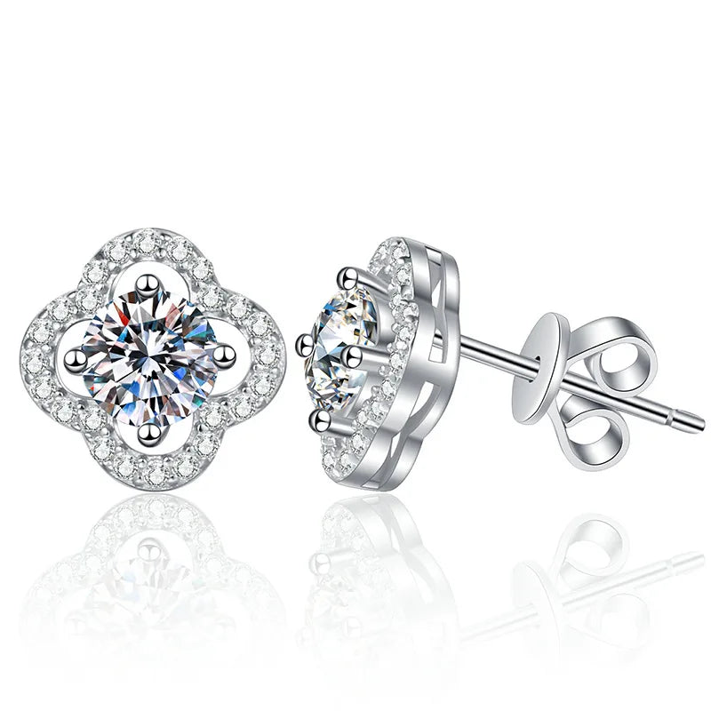 Colored Clover Halo Moissanite Stud Earrings in Sterling Silver — White front and back