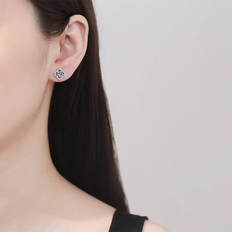 Colored Clover Halo Moissanite Stud Earrings in Sterling Silver — Shown on ear