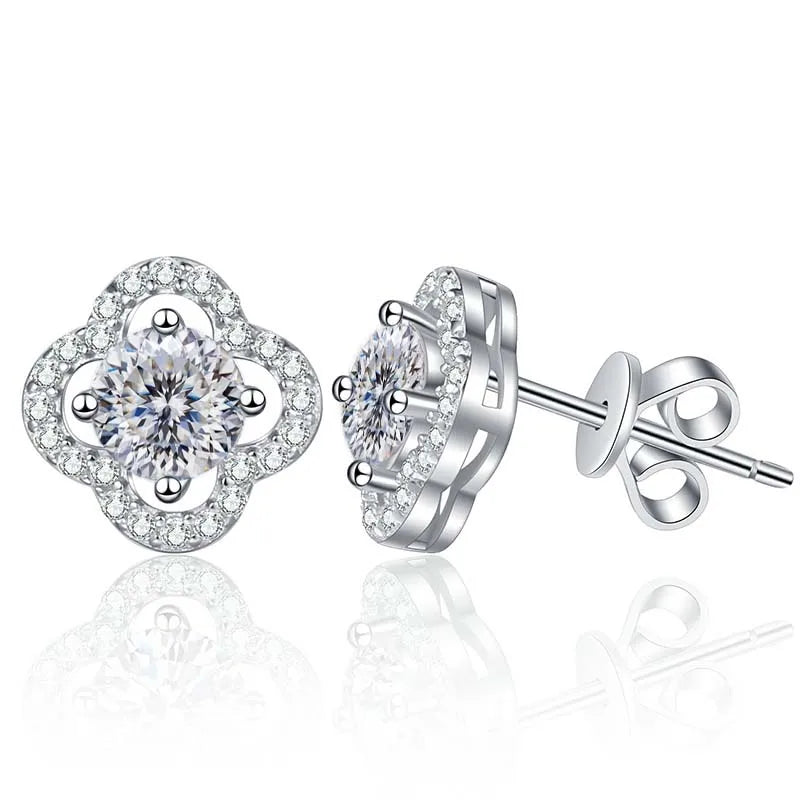 Colored Clover Halo Moissanite Stud Earrings in Sterling Silver — White Love Cut
