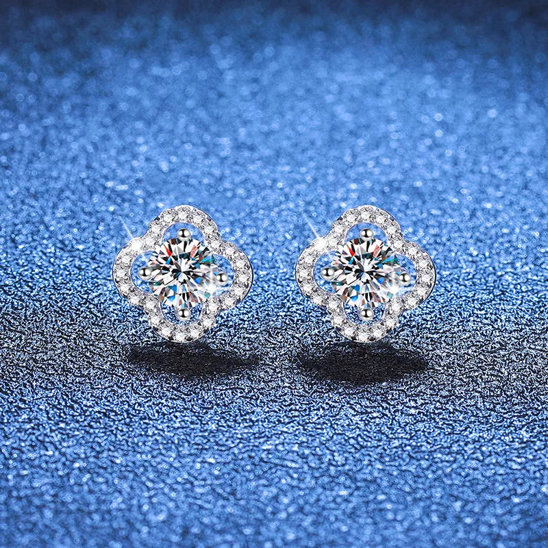 Colored Clover Halo Moissanite Stud Earrings in Sterling Silver — White fronts