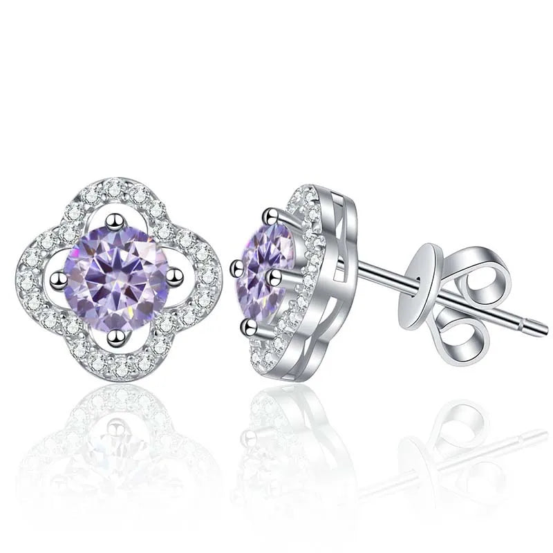 Colored Clover Halo Moissanite Stud Earrings in Sterling Silver — Light purple