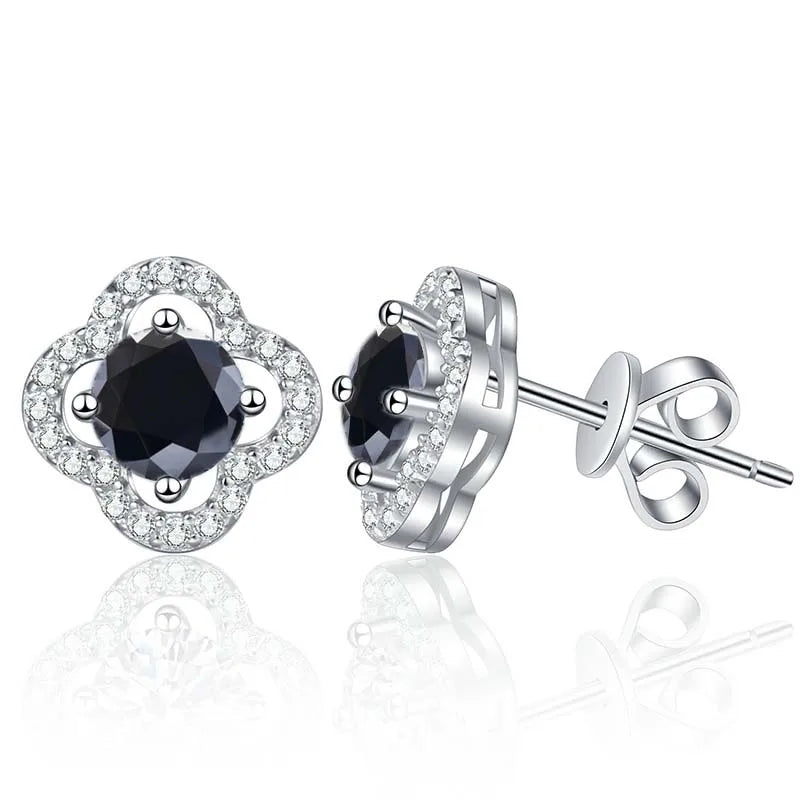 Colored Clover Halo Moissanite Stud Earrings in Sterling Silver — Black