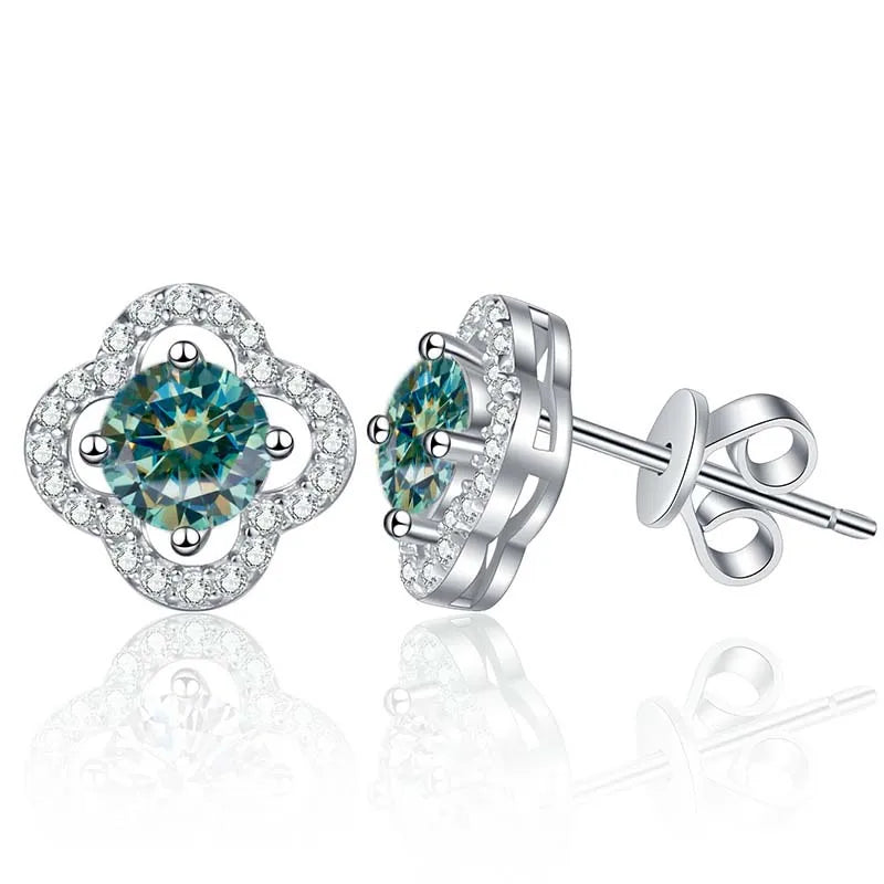Colored Clover Halo Moissanite Stud Earrings in Sterling Silver — Blue green