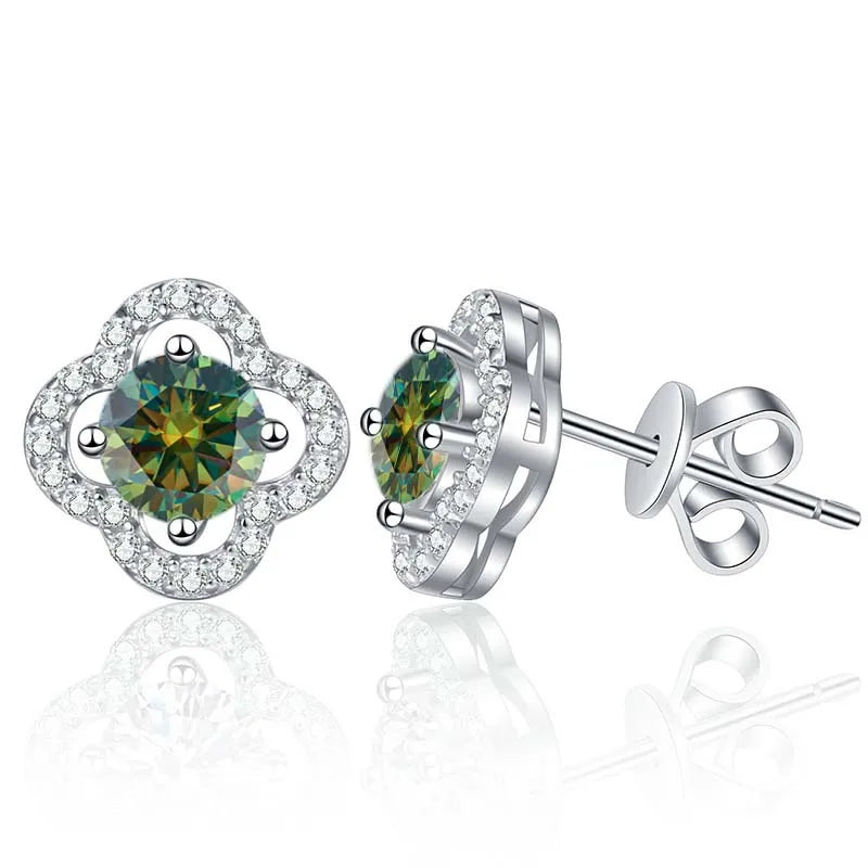 Colored Clover Halo Moissanite Stud Earrings in Sterling Silver — Dark green