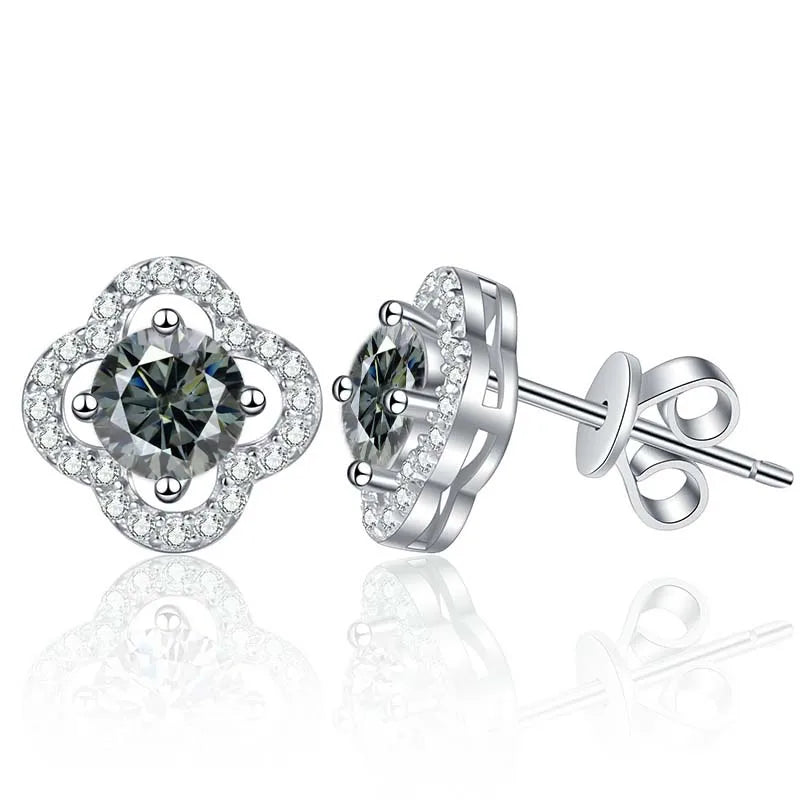 Colored Clover Halo Moissanite Stud Earrings in Sterling Silver — Gray