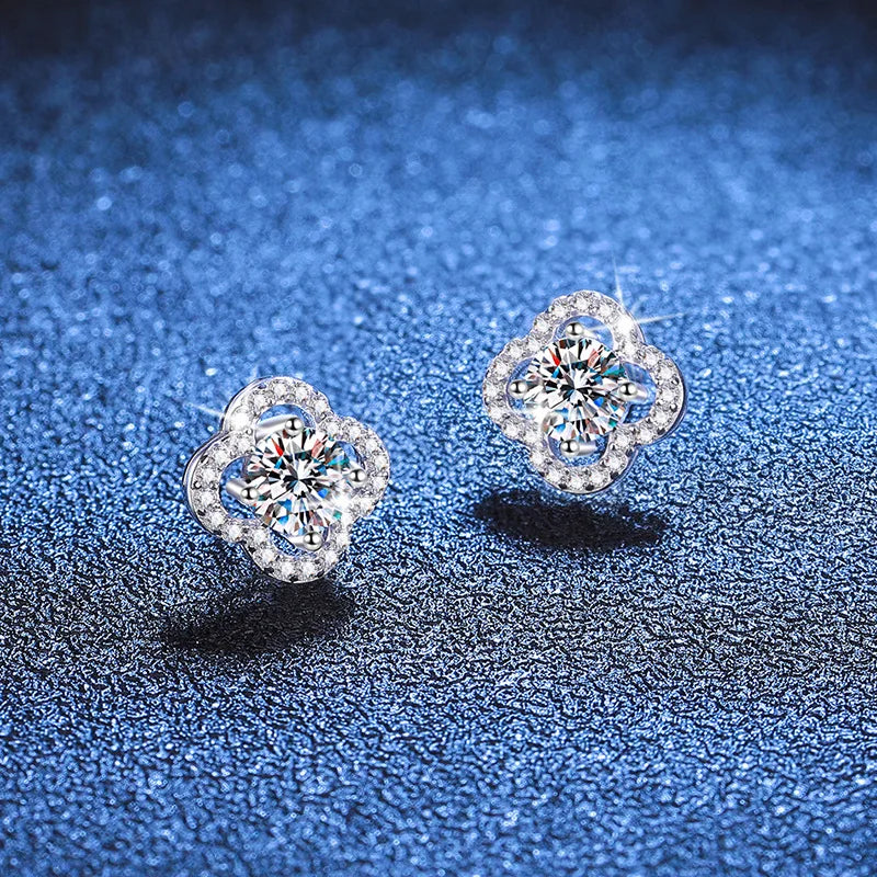 Colored Clover Halo Moissanite Stud Earrings in Sterling Silver — White angled pair