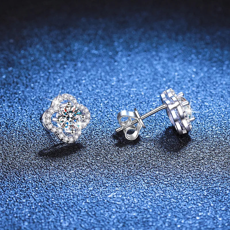 Colored Clover Halo Moissanite Stud Earrings in Sterling Silver — White posts and backs