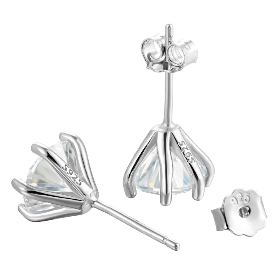 Six-Prong Round Moissanite Solitaire Stud Earrings - Basket side and rear views