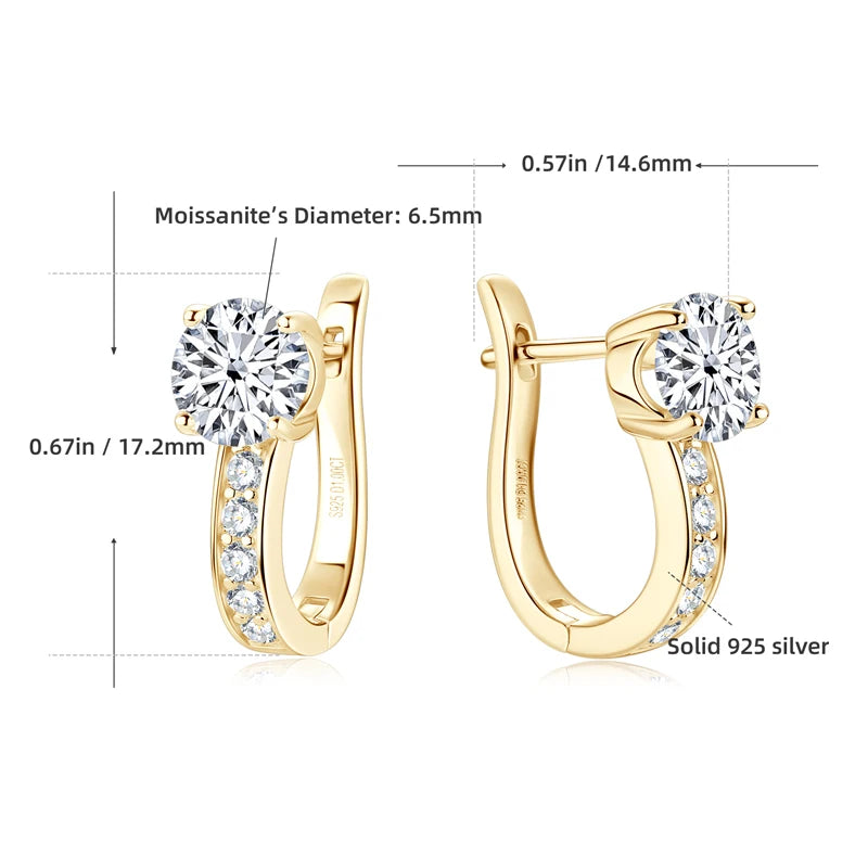 U-Shaped Moissanite Hoop Earrings in Sterling Silver — Gold-Tone dimensions and 6.5mm centers