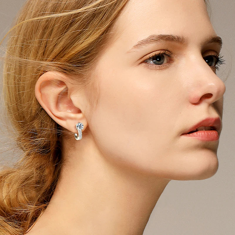 U-Shaped Moissanite Hoop Earrings in Sterling Silver — Hoop worn on the ear