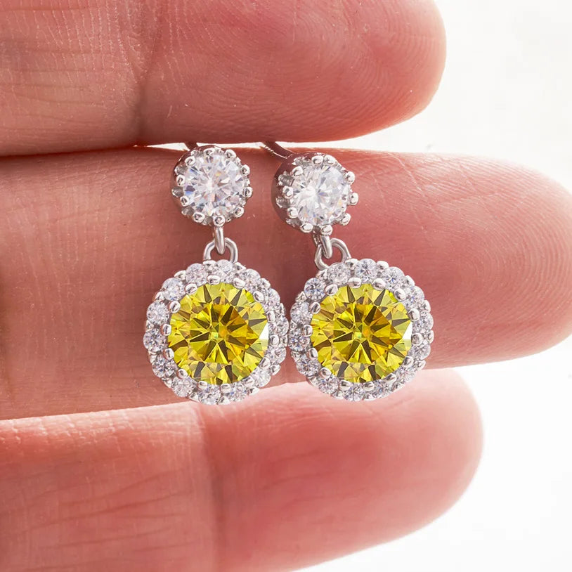 Colored Round Halo Moissanite Drop Earrings in Silver — Golden yellow