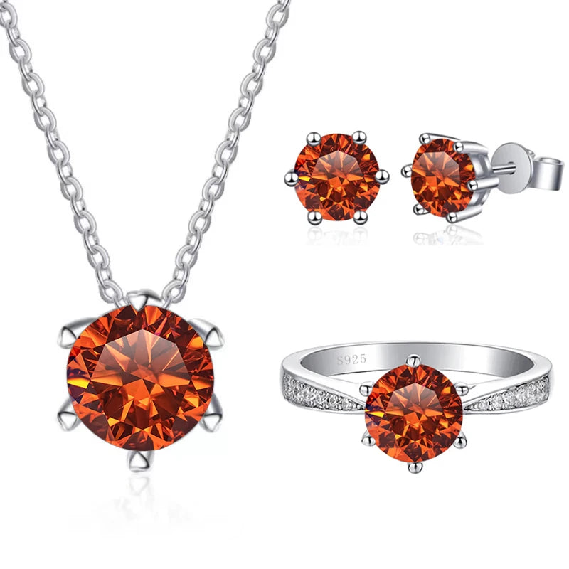 Colored Moissanite Necklace, Stud Earrings & Pavé Ring Set — Orange set