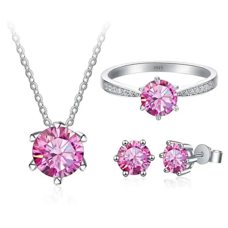 Colorful Moissanite Ring, Stud Earrings & Necklace Set — Pink set