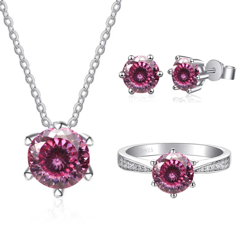 Colored Moissanite Necklace, Stud Earrings & Pavé Ring Set — Pink 100-facet cut set