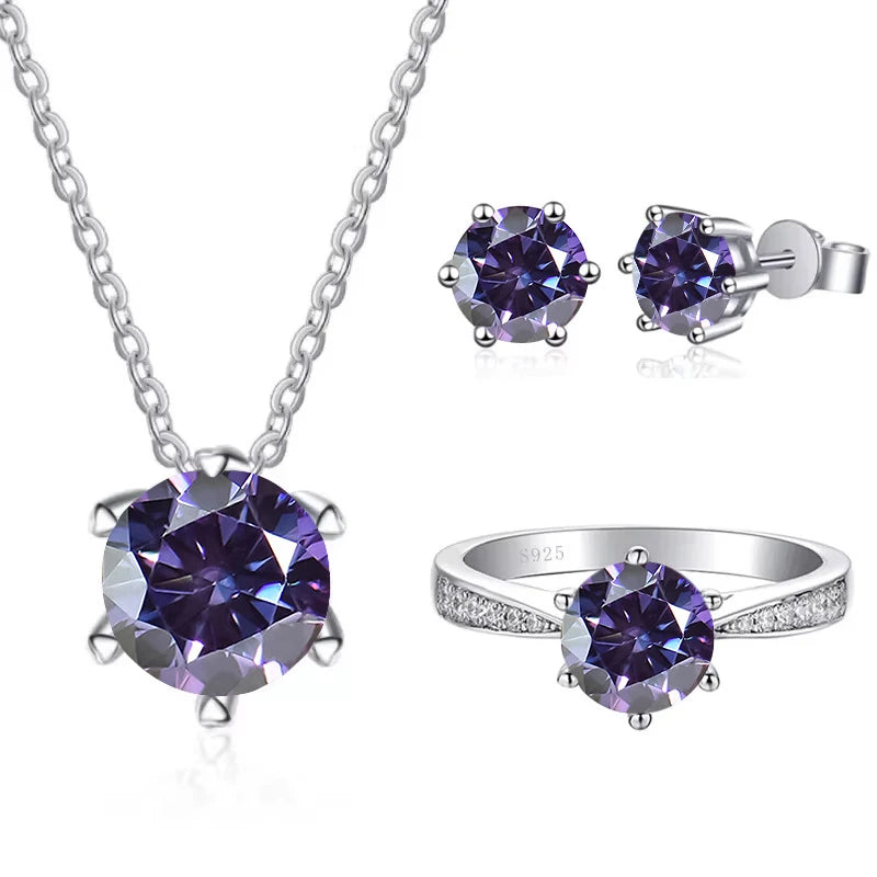 Colored Moissanite Necklace, Stud Earrings & Pavé Ring Set — Violet set