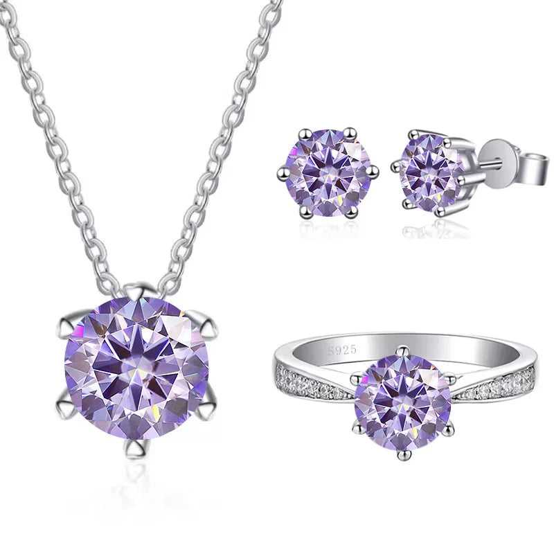 Colored Moissanite Necklace, Stud Earrings & Pavé Ring Set — Light purple set