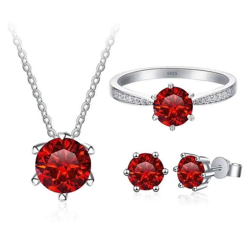 Colorful Moissanite Ring, Stud Earrings & Necklace Set — Red set