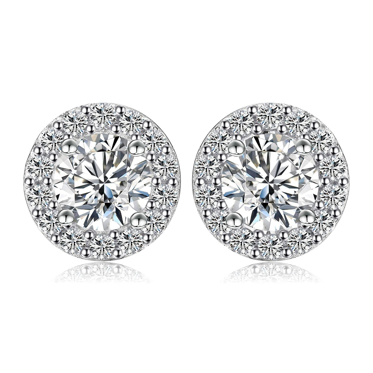 Round Moissanite Halo Stud Earrings in Plated Silver — Round halo pair