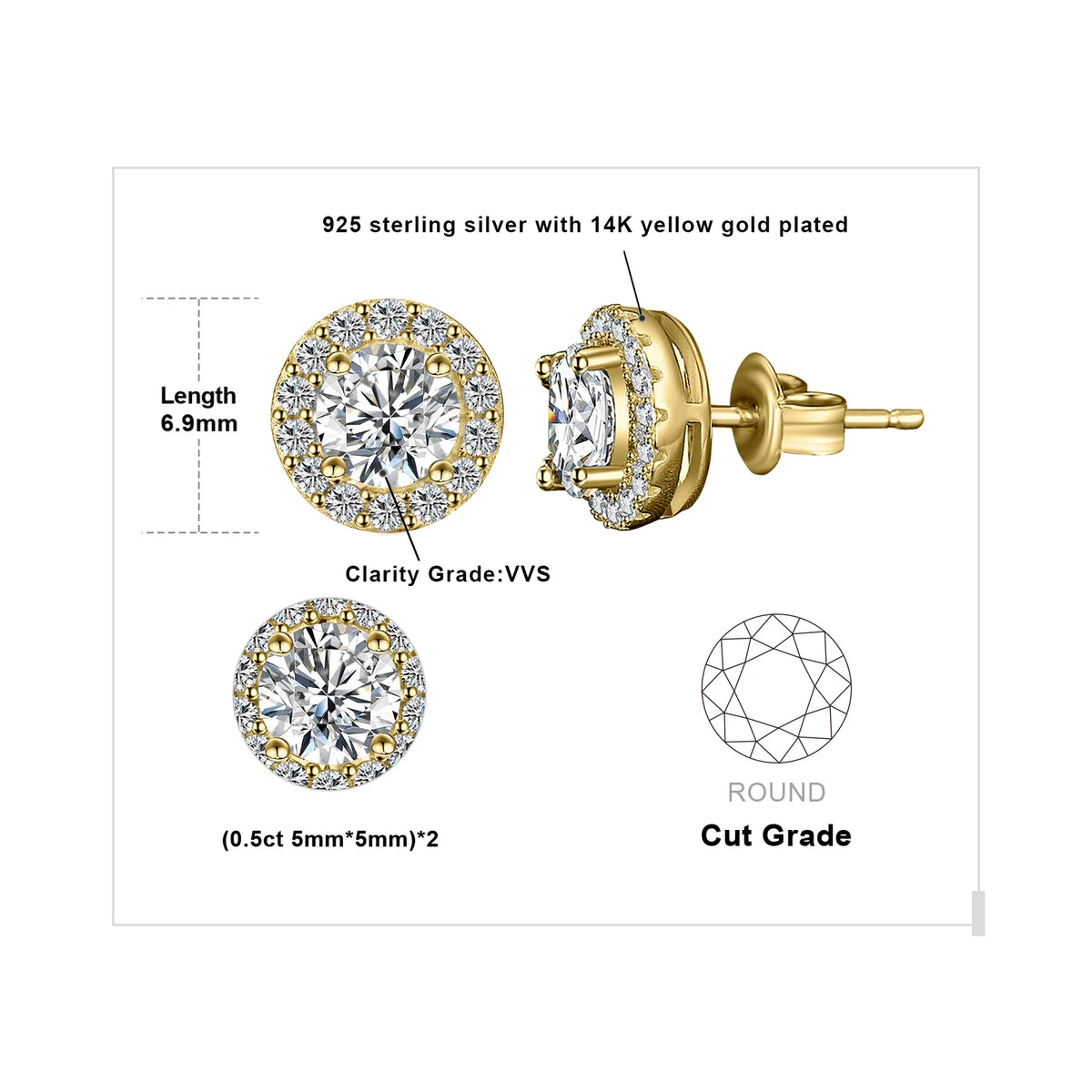 Round Moissanite Halo Stud Earrings in Plated Silver — Gold-tone finish