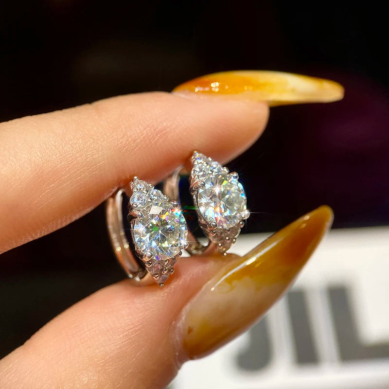 Round Moissanite Accent Hoop Earrings in Sterling Silver - Angled view of accent hoop settings