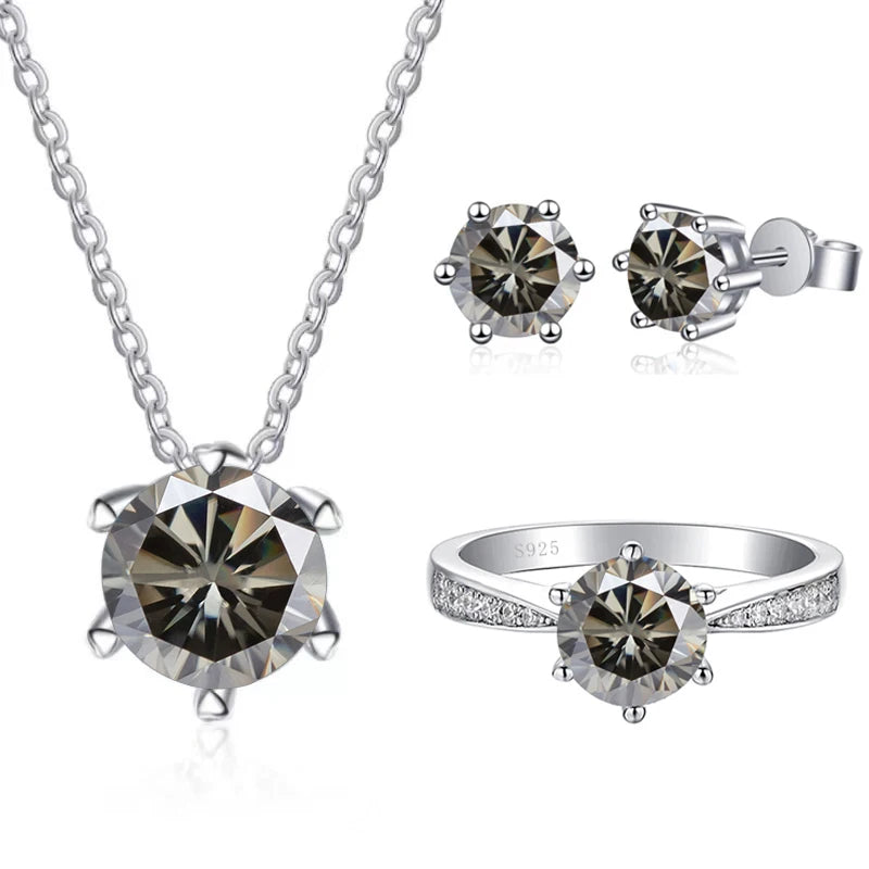 Colored Moissanite Necklace, Stud Earrings & Pavé Ring Set — Gray set