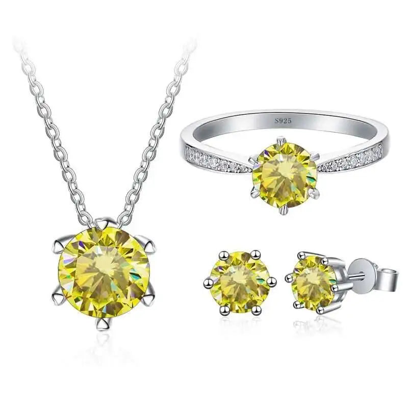 Colorful Moissanite Ring, Stud Earrings & Necklace Set — Lemon Yellow set