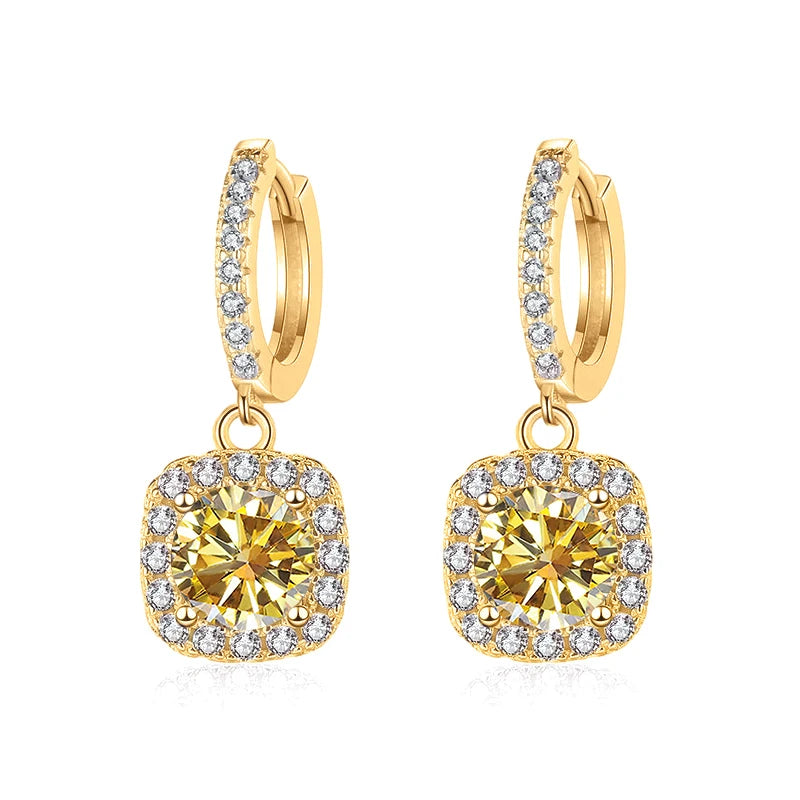 Colored Moissanite Cushion Halo Drop Hoop Earrings - Golden yellow centers