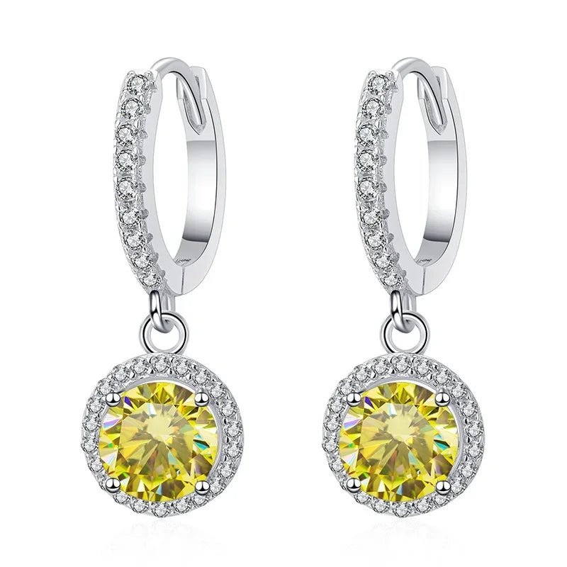 Colored Halo Moissanite Hoop Drop Earrings in Silver — Lemon yellow