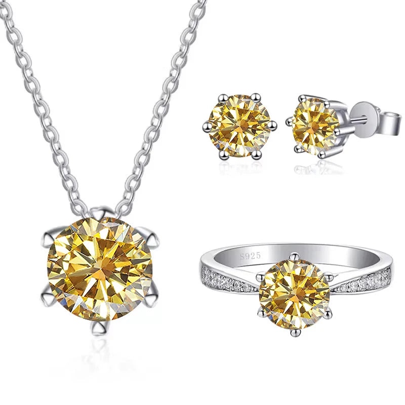 Colored Moissanite Necklace, Stud Earrings & Pavé Ring Set — Golden yellow set