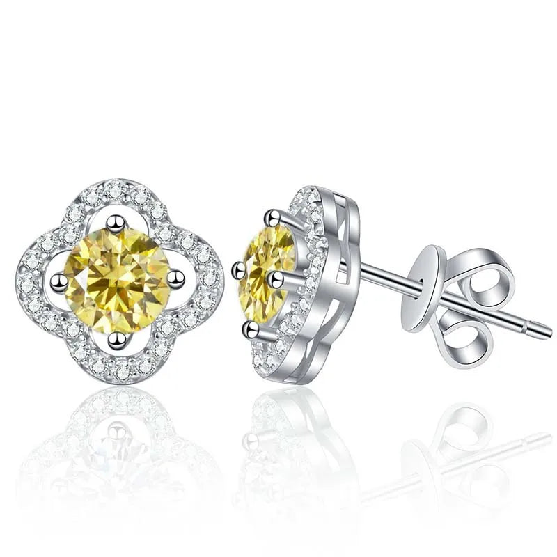 Colored Clover Halo Moissanite Stud Earrings in Sterling Silver — Lemon yellow