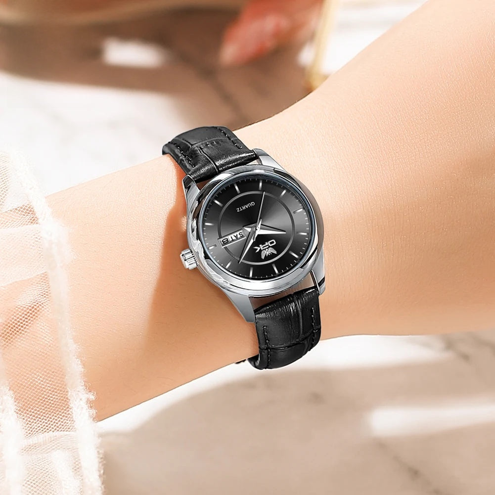 Women's Leather Day-Date Quartz Watch — Black leather watch worn on wrist — BandsCo Straps