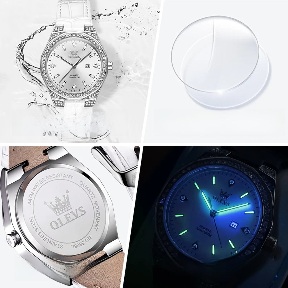 Women's Crystal Bezel Leather Quartz Watch — Case back and luminous-hand details — BandsCo Straps