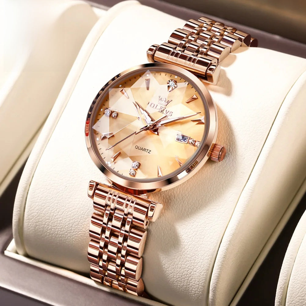 Women's Rose Gold-Tone Faceted Dial Quartz Watch — Rose Gold Tone / Champagne Dial