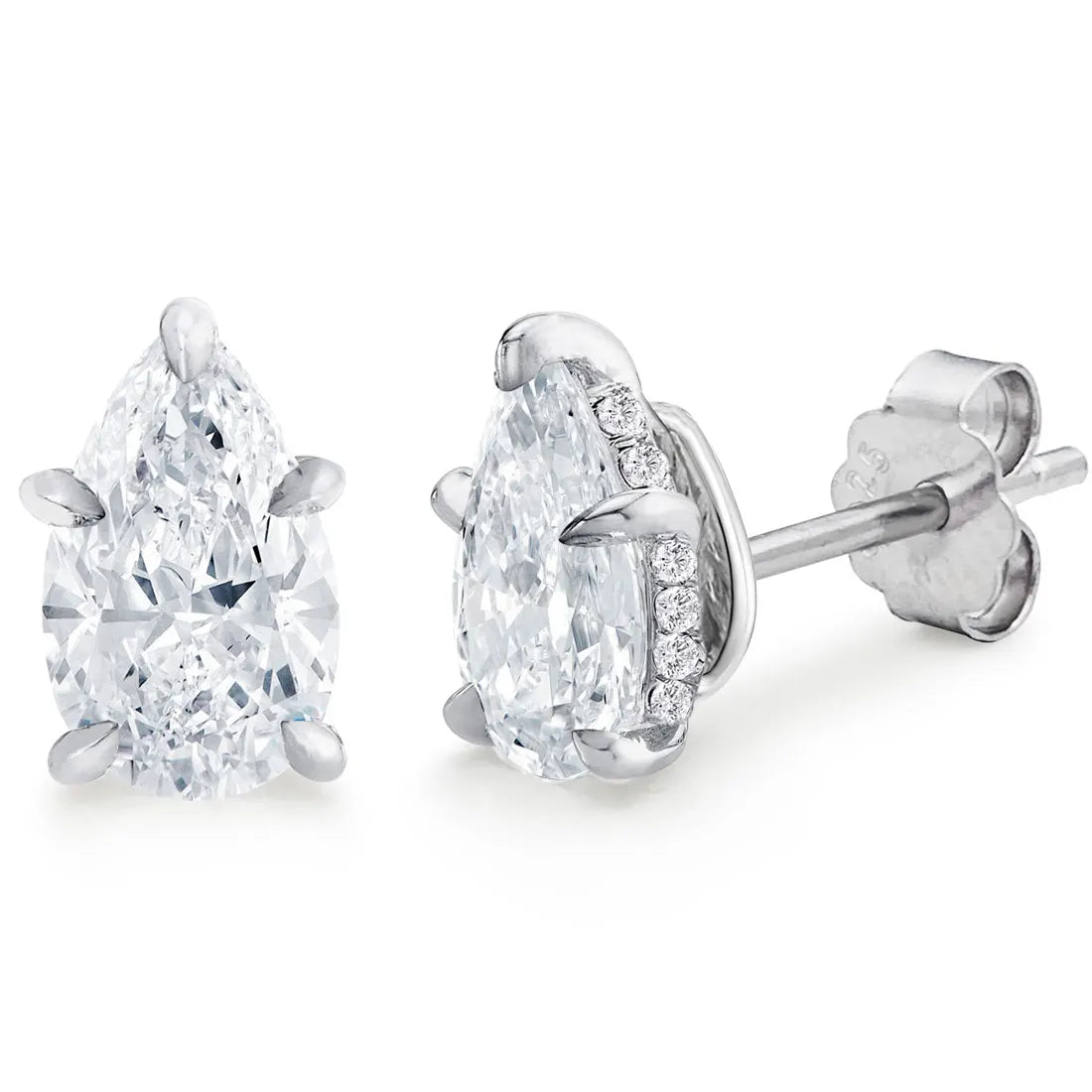 Pear Moissanite Stud Earrings in Sterling Silver — Pear studs front and side