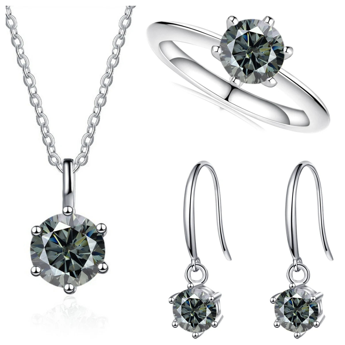 Colored Moissanite Necklace, Drop Earrings & Ring Set in Silver — Gray set