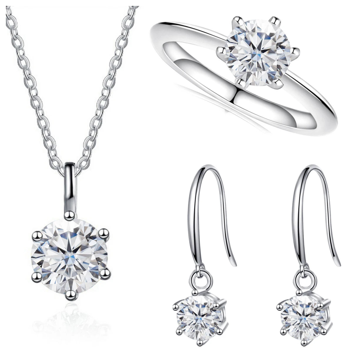 Colored Moissanite Necklace, Drop Earrings & Ring Set in Silver — White set